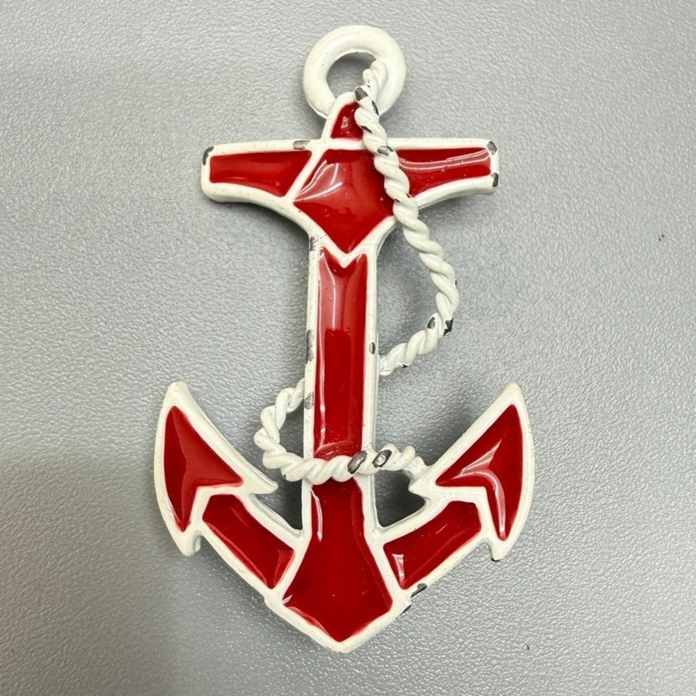 Vintage Enamel Anchor Brooch Red and White Nautical Beach Coastal